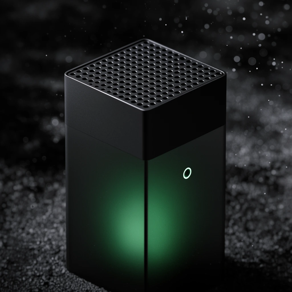 matte black rectangular monolith, perforated top grid, internal green glow, small glowing circular indicator, dark textured ground, floating bokeh particles, dramatic cinematic lighting, shallow depth of field, macro photography, minimalist industrial design