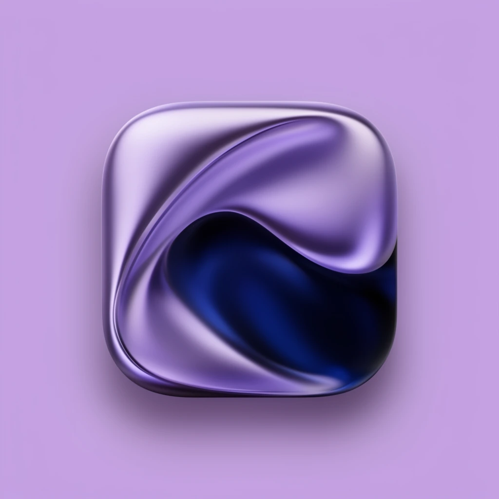 3D rounded square icon, glossy abstract fluid shape, metallic lavender and deep navy blue, soft drop shadow, solid light purple background, minimalist render