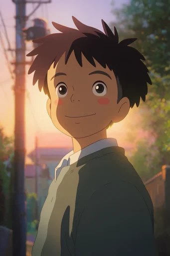 Nostalgic Golden Anime style reference image — volumetric sunset clouds