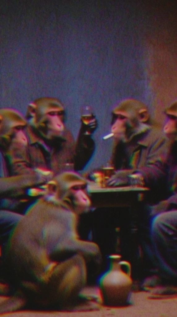 Several clothed monkeys gather around a table in a dimly lit room, captured through the heavily degraded, lo-fi aesthetic of vintage analog VHS footage. One monkey holds a glass aloft, another smokes, and a third crouches in the immediate foreground beside a jug resting on the floor. The scene is saturated with a moody color palette of deep purples, dusky blues, and warm, muddy earth tones. Severe chromatic aberration fractures the edges of the monkeys, the clothing, and the objects into glowing, neon-like bands of magenta, cyan, and yellow light bleed. The composition is overwhelmed by dense analog video noise, heavy grain, color banding, and a soft, blurred overall focus, creating a low-contrast, flattened visual texture characteristic of worn magnetic tape and retro camcorder recording.