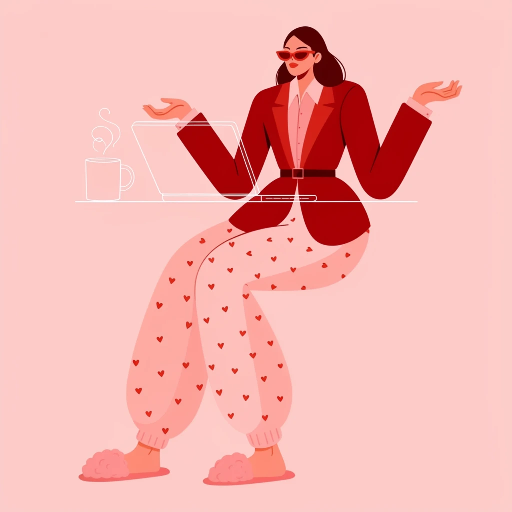 A stylized flat vector illustration depicts a woman seated at an invisible desk, wearing a striking mix of professional and casual attire against a solid pastel pink background. She wears red-tinted sunglasses, a collared shirt, and a tailored crimson blazer cinched with a dark belt. Below the waist, she wears voluminous light pink sweatpants patterned with tiny red hearts, paired with fluffy pink slippers. Her arms are raised with bent elbows and relaxed hands hovering in the air. In front of her torso, rendered entirely in thin white wireframe outlines, is an open laptop resting on a single horizontal white line, alongside a matching wireframe mug with squiggly lines of rising steam. The artwork features a warm analogous color palette, bold opaque color blocks for the figure, and delicate contrasting line art for the props, emphasizing exaggerated proportions and a conceptual editorial aesthetic.