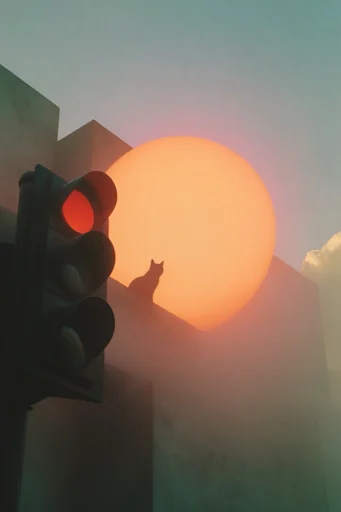 Minimalist Solar Surrealism style reference image — sage green atmospheric fog