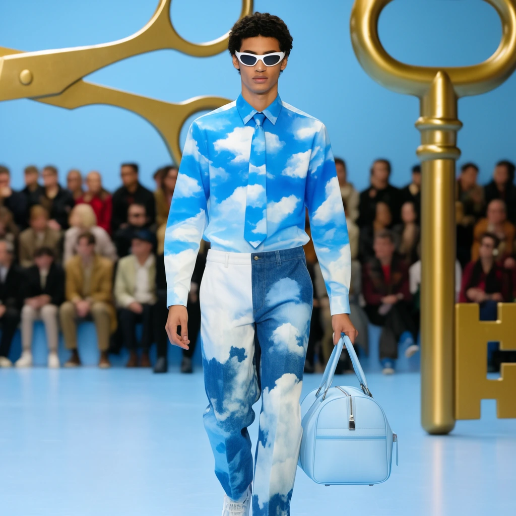 Male fashion model on light blue runway, wearing blue and white cloud-patterned shirt and tie, asymmetrical cloud-patterned pants, holding a light blue duffel bag, white sunglasses, oversized scissors and giant golden key props in background, blurred audience, bright even lighting