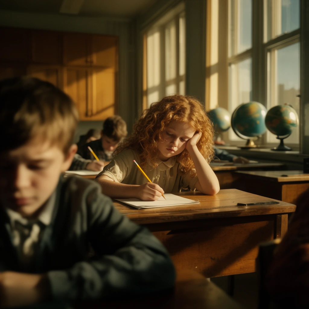 young girl with curly reddish-blonde hair writing at a wooden desk, resting head on hand, holding a yellow pencil, heavily blurred boy in extreme left foreground, other students working at desks in background, classroom setting, tall windows on right, three globes on windowsill, back wall cabinets, cinematic photography, strong directional golden sunlight, dramatic shadows, shallow depth of field
