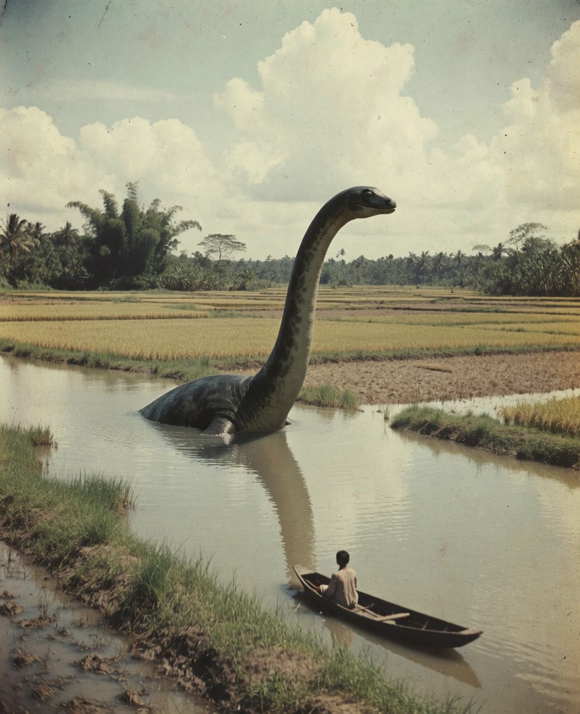 A vintage-style photograph depicts a large, long-necked aquatic creature rising from a calm waterway in a rural landscape, where a lone individual sits in a small boat nearby. The central subject is a dark, silhouetted creature resembling a plesiosaur, with a thick, curved neck and a small head protruding high above the water's surface, while a portion of its dark, rounded back is visible just behind the neck. Its dark reflection stretches across the surface of the still, light-colored water. In the foreground, a much smaller figure wearing light-colored clothing sits within a narrow, dark wooden canoe, facing away from the camera toward the creature. The surrounding environment consists of vast, flat agricultural fields divided into golden-yellow and brown patches, typical of rice paddies, with patches of green grass growing along the muddy banks of the water. In the distance, a dense line of tropical trees and foliage, including bamboo and palms, forms a horizon line beneath a pale sky filled with large, billowy white clouds. The image possesses a grainy, aged texture with a desaturated color palette and a slightly warm, yellowish tint, characteristic of mid-20th-century color film. The perspective is a wide-angle shot taken from a slightly elevated position, capturing the immense scale of the creature compared to the surrounding rural elements.