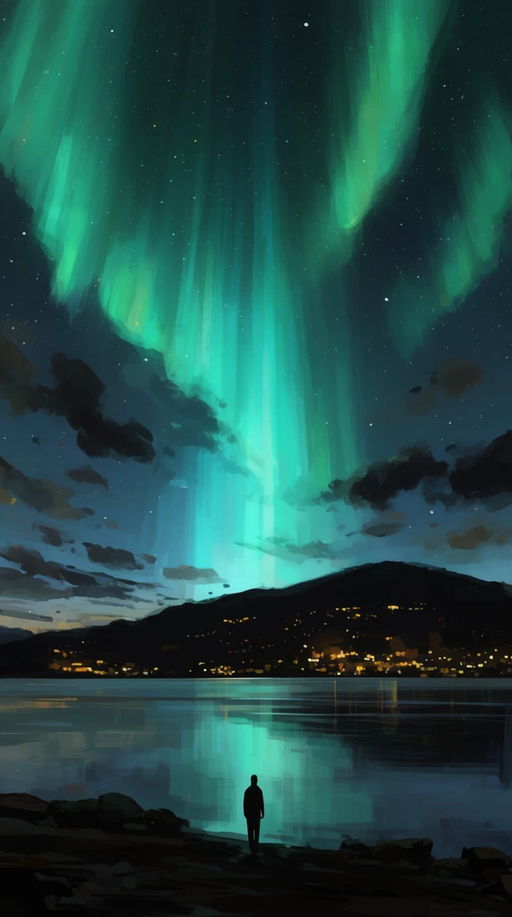 solitary silhouette on a dark rocky shore facing a reflective lake, vibrant green aurora borealis dominating a starry night sky, massive teal light rays mirroring on the calm water, distant dark mountain dotted with warm yellow town lights, dark scattered clouds, digital painting, loose brushstrokes, cinematic scale