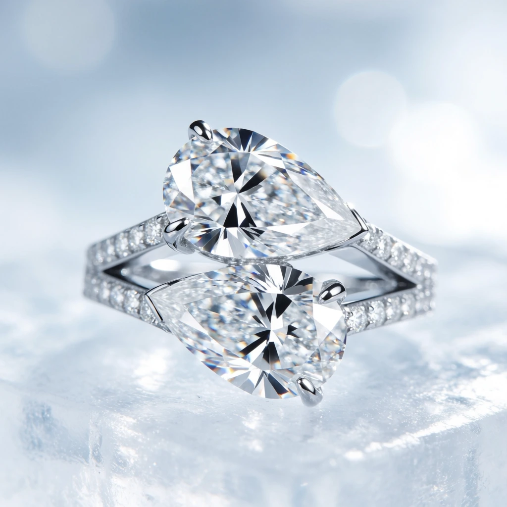 A macro photograph captures a dual-stone diamond ring featuring two massive, pear-cut diamonds set on an angular, pavé-encrusted band. The teardrop-shaped focal stones are stacked vertically and angled in opposite directions, their complex facets refracting brilliant white light. They are secured by sharp prongs to a silver-toned geometric band entirely lined with tiny glittering diamonds. The ring rests on a translucent, textured icy surface against a softly blurred background of pale powder blue and bright white with faint bokeh. Intensely bright, cool-toned lighting and a shallow depth of field emphasize the crystalline clarity and flawless elegance of the jewelry.