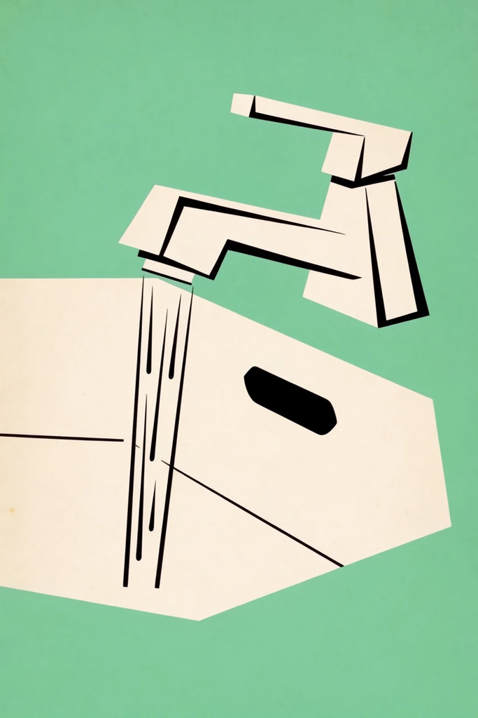 An angular faucet pours water into a sink basin with a prominent overflow hole, rendered in a 1950s mid-century modern minimalist illustration style. The composition utilizes ultra-flat, geometric commercial art aesthetics defined by bold, stark black linework with sharp angles, intersecting planes, and tapered strokes. The sink basin is an off-white, asymmetrical polygon contrasting directly against a solid, flat mint green background. The geometric faucet features sharp black outlines filled with the same matte off-white tone. A stylized stream of water drops from the spout, delineated by straight, crisp black lines. A solid black geometric shape forms the overflow hole on the inner basin wall. The rendering technique relies entirely on flat color blocking and a stylized 2D perspective of floating geometric planes, carrying a subtle vintage paper texture across the pure mint green, cream, and black palette.