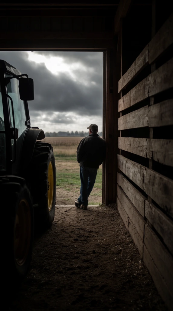 A man stands at the threshold of a dimly lit barn looking out over a rural field under a heavy, overcast sky. The figure, seen from behind, wears a dark jacket, blue jeans, and a cap, leaning against the wooden doorframe. To the left, the silhouette of a large tractor with yellow wheel rims rests in deep shadow. The barn interior features a textured dirt floor and a wall constructed of thick, weathered horizontal wooden slats. The wide doorway naturally frames the agricultural landscape, utilizing high-contrast lighting that juxtaposes the moody interior shadows with the bright, diffused light breaking through the dramatic clouds.