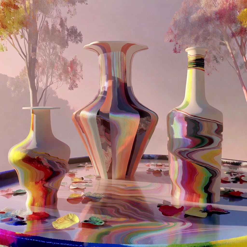 a circular tray holding a sculptural vase, vessel, and bottle, each featuring vibrant rainbow-striped marbling and iridescent vertical ribbons over white porcelain, scattered multi-colored petals on a swirled liquid pearlescent surface, set against a hazy diffused pastel pink atmosphere, ethereal dreamlike surrealism, soft-focus depth of field, saturated primary color bands, high-end cgi finish with painterly fluid textures, elegant diffused studio lighting, otherworldly palette