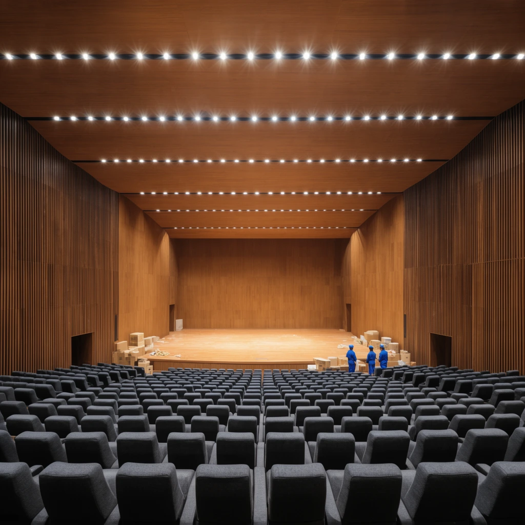 A symmetrical architectural view of a vast auditorium enveloped in warm-toned wooden paneling with vertical wall slats. The smooth wooden ceiling features long horizontal rows of bright recessed spotlights. Hundreds of plush, dark grey theater seats curve in rows from the foreground toward a brightly lit wooden stage. Three small figures in blue uniforms stand near scattered boxes at the right stage edge. A deep one-point perspective emphasizes the geometric precision of the modern hall.