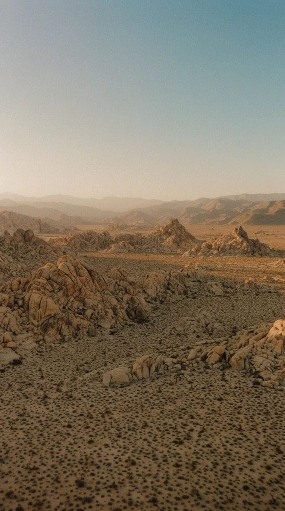 high aerial view of a sprawling desert landscape, rugged tan boulders and rocky outcrops rising from a flat sandy plain, dry terrain densely dotted with small dark scrub brush, distant mountain ridges layered in soft atmospheric haze, clear gradient sky transitioning from pale blue to dusty warm beige, soft golden hour sunlight, long shadows, vintage 35mm film photography aesthetic, visible film grain, muted earthy color palette, slightly faded contrast, cinematic wide angle