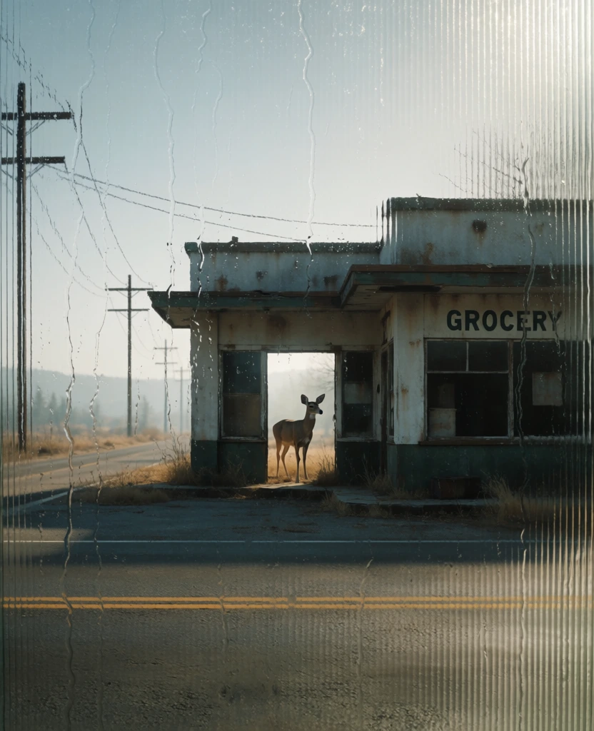 cinematic vertical composition through a heavy reeded glass texture, a lone deer standing in the doorway of a desolate abandoned gas station, an empty highway stretching into the distance, vertical linear distortion, blurred bokeh, moody color palette of warm amber oranges and deep teal blues, ethereal lighting, atmospheric haze, prismatic light diffraction, melancholic liminal space aesthetic, soft focus, high contrast, fine vertical ribbing