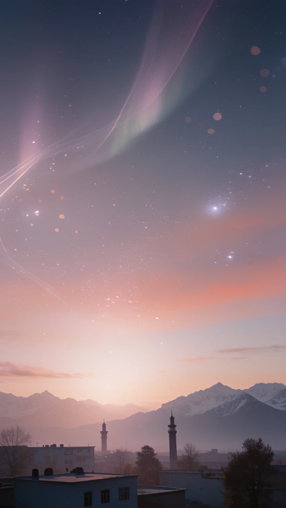 ethereal twilight landscape, silhouette of flat-roofed urban buildings, scattered trees, tall towers, distant majestic snowy mountains, soft pastel gradient sky in dusty lavender, coral pink, and deep indigo, faint twinkling stars and shimmering bokeh, wispy aurora-like light trails, atmospheric glow from the horizon, minimal poetic aesthetic, dreamlike quality, cinematic soft focus, desaturated hues, centered composition, low-horizon silhouette, serene and inspirational mood