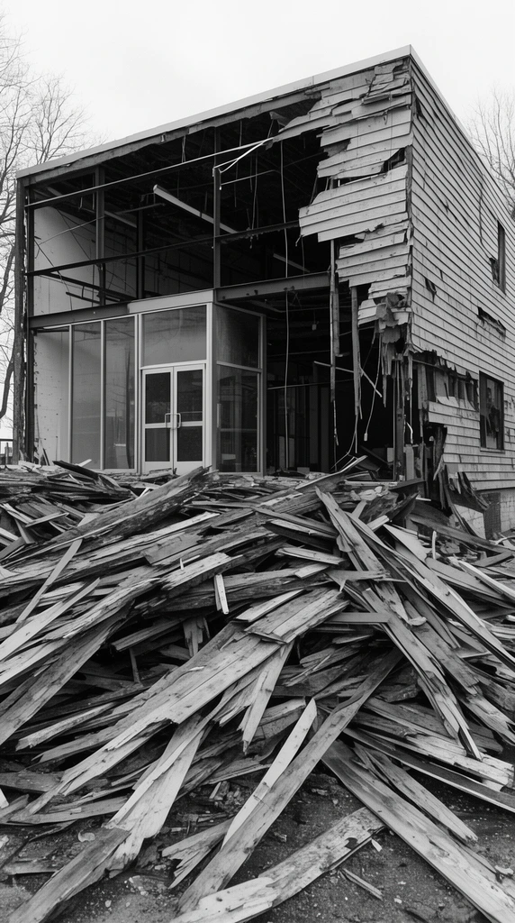 partially demolished building in black and white, massive pile of splintered wooden planks, exposed steel framing, torn exterior wood siding, glass entryway, bare trees, overcast sky
