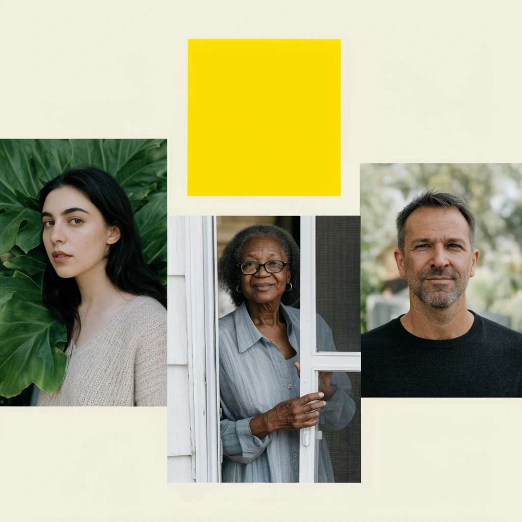 minimalist editorial portrait collage, solid pale cream background, bright yellow square graphic near the top center, three staggered rectangular photograph cutouts arranged horizontally, left photo of a young woman with dark hair against large green leaves, center photo of an older Black woman with glasses opening a white screen door, right photo of a middle-aged man with stubble against a blurred outdoor background, diverse human subjects, contemporary layout, clean modern aesthetic