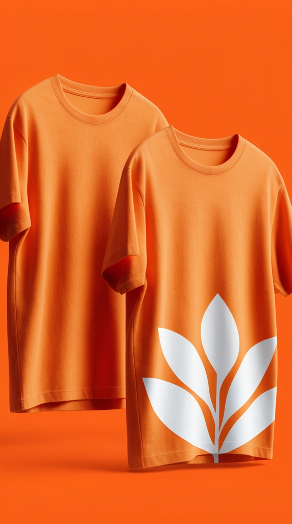 two vibrant orange crew neck t-shirts floating on a matching solid orange background, 3D apparel mockup, soft studio lighting, natural fabric folds, right shirt displays a large white stylized leaf graphic on the lower hem, minimalist aesthetic