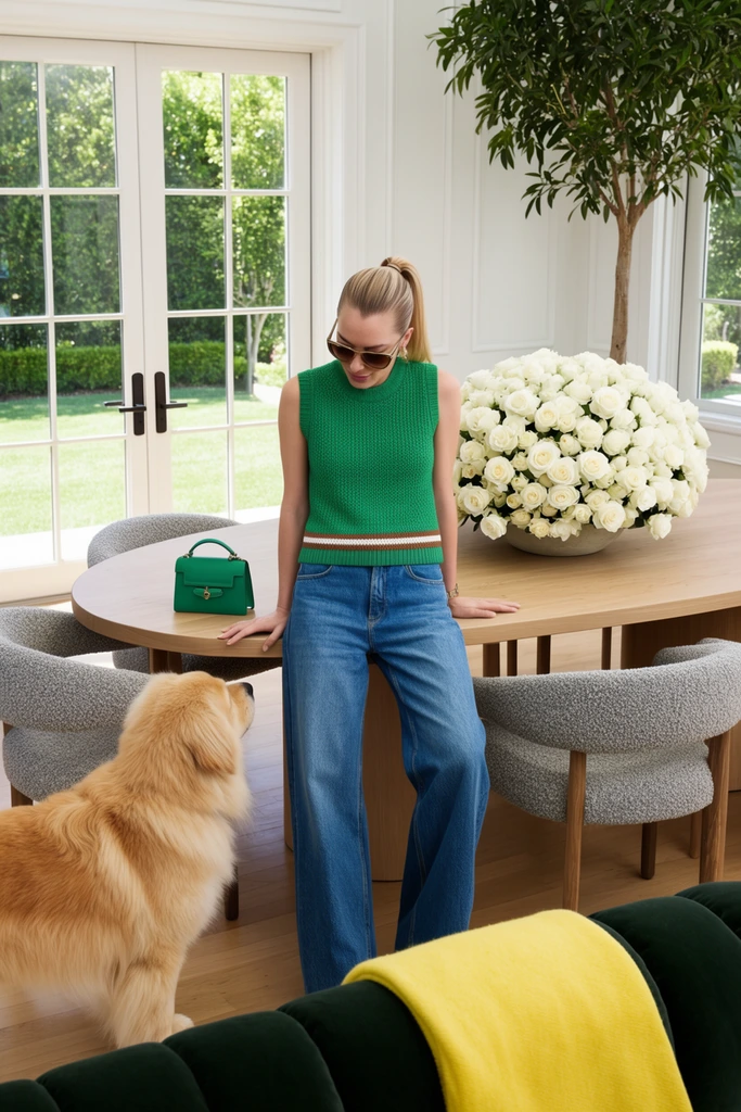 A woman with a sleek blonde ponytail leans against an oval light-wood dining table, looking down at a fluffy golden dog in the foreground. She wears sunglasses, a sleeveless green knit top with a white and brown stripe, and wide-leg blue jeans. Beside her on the table rests a small emerald handbag and a massive, dense arrangement of white roses in a low bowl. The table is surrounded by curved gray boucle chairs. The brightly lit room features white paneled walls, light hardwood floors, and large glass French doors overlooking a manicured green lawn. A dark green sofa draped with a yellow blanket anchors the bottom edge, while an indoor tree stands in the background. The high-end lifestyle photography utilizes crisp natural daylight and a vibrant, airy color palette.