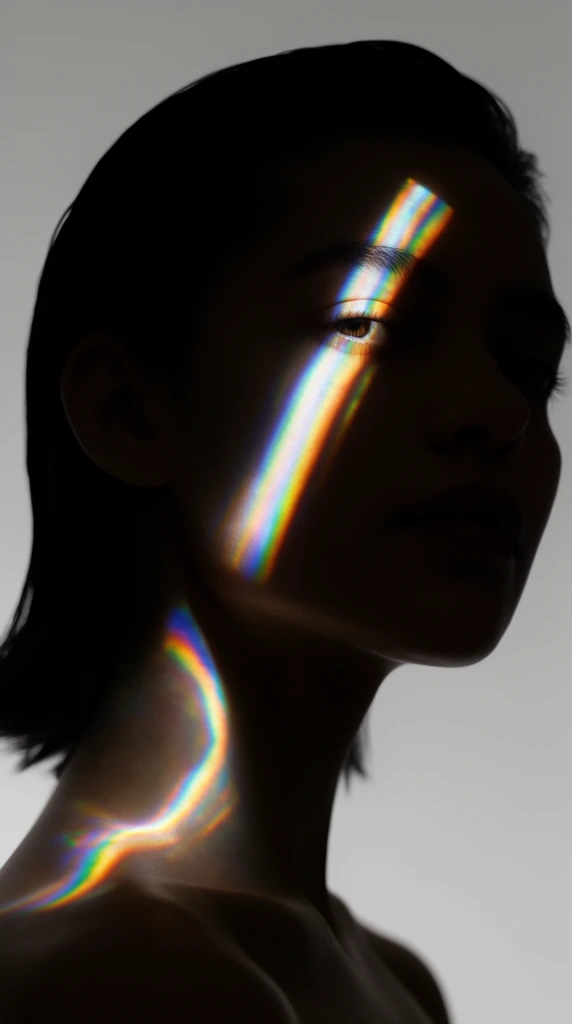 close-up portrait in deep shadow, sharp diagonal beam of vibrant prismatic rainbow light striking the right eye and curving down the neck to a bare shoulder, dark chiaroscuro silhouette contrasting with iridescent illumination, dark slicked-back hair, smooth neutral light gray background, high-contrast studio photography, optical prism refraction effect, minimalist beauty portrait, intimate framing