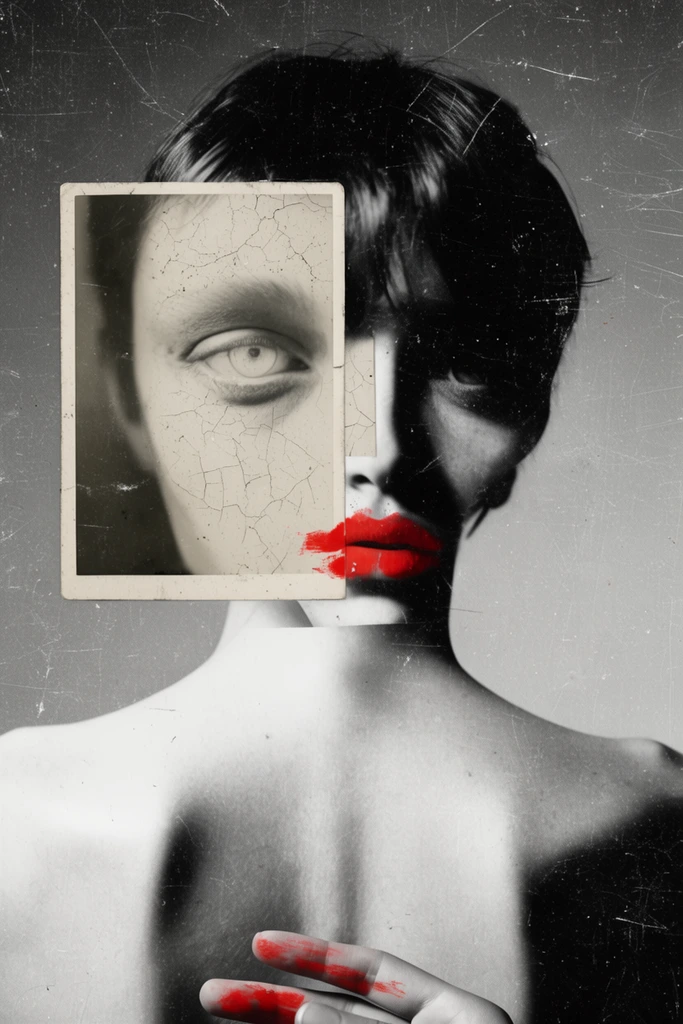 surreal black and white conceptual portrait, person viewed from behind with bare shoulders and short dark hair, fragmented composite face overlaid on the back, rectangular vintage photo of a pale eye with cracked texture overlapping the left, shadowy facial features on the right, selective bright red smeared lipstick on the superimposed mouth, matching red smear on a hand at the bottom edge, heavily distressed film texture, deep surface scratches, dust marks, high contrast lighting, avant-garde mixed media collage