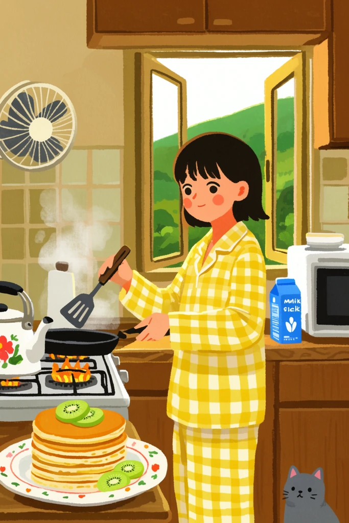 young woman in yellow and white checkered pajamas cooking in a cozy kitchen, holding a spatula and frying pan over a lit stove, steam rising, stack of pancakes with kiwi slices on a plate in foreground, floral kettle, grey cat sitting at her feet, open window showing green hills, wall fan, microwave, blue milk carton, warm lighting, 2D digital illustration, textured brushstrokes, flat colors, slice-of-life aesthetic