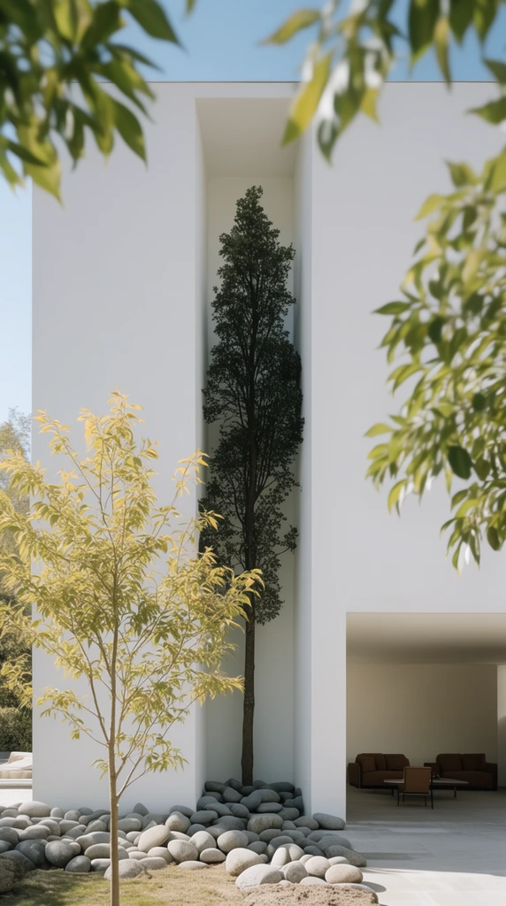 minimalist white building exterior, tall narrow vertical recessed niche framing a slender dark green tree, smooth grey river stones at base, foreground sapling with yellowish-green leaves, blurred foliage framing the camera, open ground-floor patio with brown seating, bright natural daylight casting sharp shadows, clear blue sky