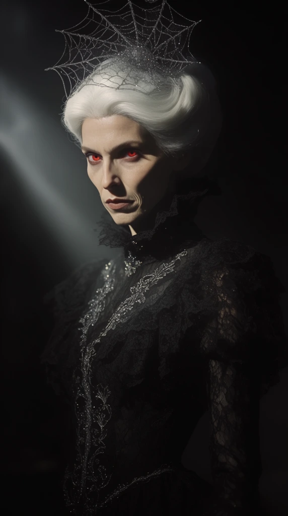 A gaunt female vampire with piercing crimson eyes emerges from an inky black void. She wears a midnight-black lace gown with a high ruffled Victorian collar and intricate silver embroidery cascading down the bodice. An ornate silver spiderweb fascinator rests upon her stark white, sweeping updo. A stark cinematic spotlight slices through the gloom, illuminating only the left side of her sharp, angular face and shoulder in a dramatic chiaroscuro effect. The right side of her figure dissolves entirely into the surrounding darkness. The extreme, high-contrast lighting sharply defines the delicate lace textures and gleaming metallic accents, resulting in a moody, gothic portrait marked by intense, theatrical visual tension.