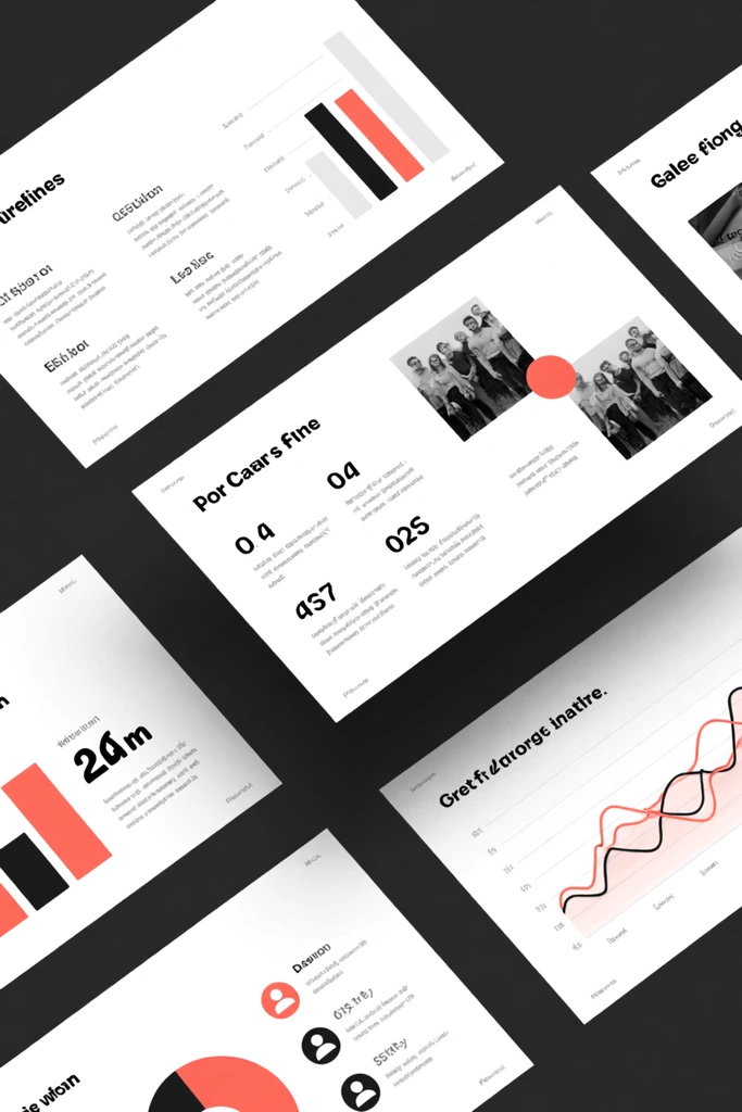 scattered presentation slides floating on dark grey, isometric perspective, minimalist black and white layouts with vibrant coral accents, data visualization charts, line graphs, human pictograms, inset photography, soft drop shadows, clean modern aesthetic