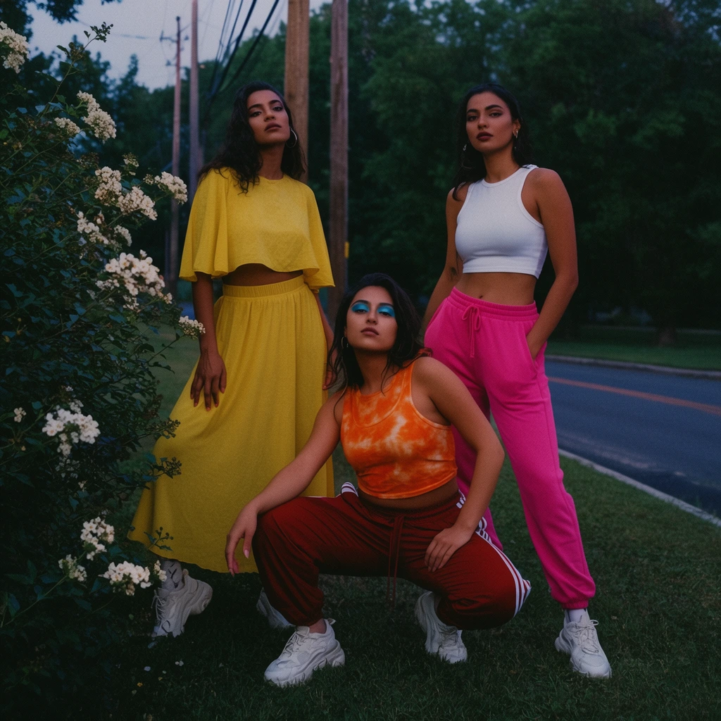 Three women strike a bold pose on a grassy lawn near a paved roadside at dusk. On the left, a standing woman wears a flowy yellow crop top and skirt. In the center, a woman crouches low in an orange tie-dye tank top and reddish track pants, sporting bright blue eyeshadow. On the right, a third woman stands in a white crop top and vibrant pink sweatpants. All three sport chunky white sneakers. A flowering bush frames the left foreground, backed by a quiet street, wooden power poles, and dense trees. The cinematic photograph features moody twilight lighting, noticeable film grain, and a rich color grading that highlights their bright attire against the deep green environment.