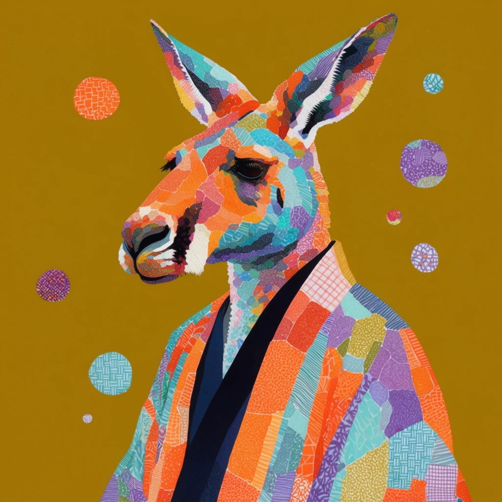 An anthropomorphic kangaroo presented in a vibrant, intricately patterned mosaic style against a solid mustard-yellow background. The figure, viewed in a left-facing three-quarter profile, wears a flowing kimono-style robe over a dark V-neck. Both the animal's head and garment are formed from irregular, brightly colored patches filled with dense micro-patterns like stippling, fine lines, and grids. The saturated palette features bold oranges, aquamarines, and purples. Several patterned circular orbs float around the subject. The flat lighting and collage-like aesthetic create a striking pop-surrealist composition.