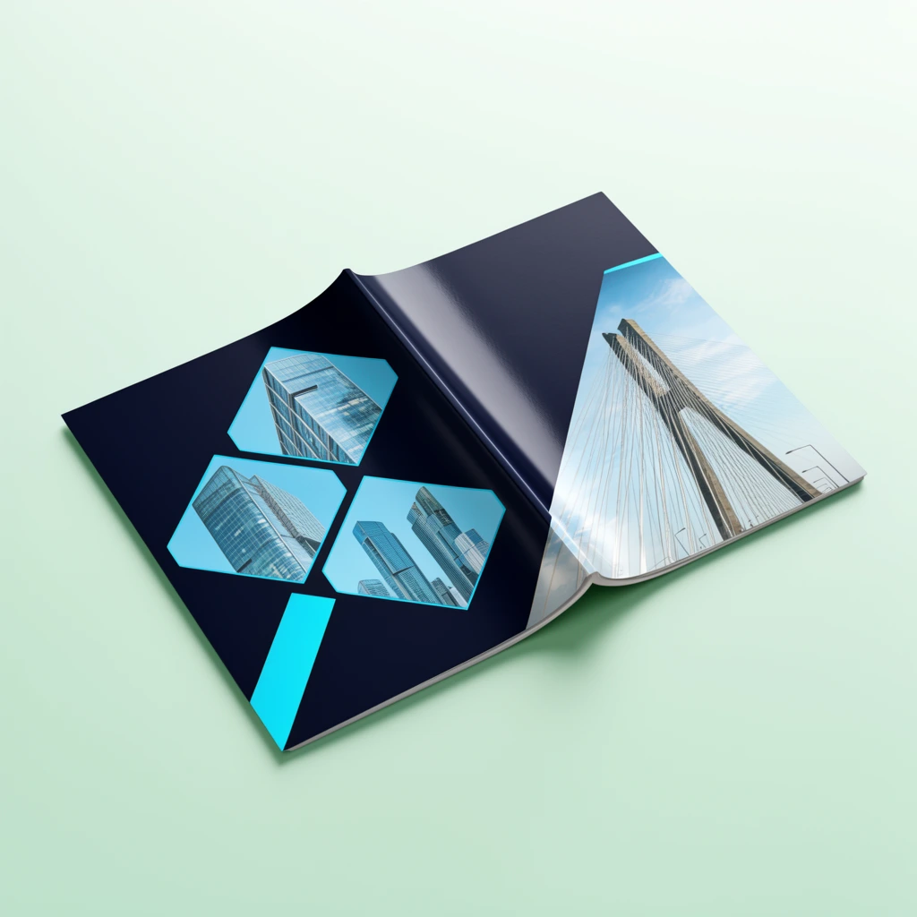 An open, glossy booklet lies face down on a smooth pale mint green surface, displaying dark navy and vibrant cyan covers. The left side features three light blue diamond-shaped panels containing architectural photography of modern glass skyscrapers, intersecting a thick diagonal cyan stripe near the bottom edge. The right side presents a sweeping diagonal cutaway revealing a bright daytime photograph of a towering cable-stayed bridge. The document rests with a subtle drop shadow beneath its lightly creased central spine. The composition uses a clean, angled overhead perspective typical of high-end design mockups, illuminated by soft, diffused studio lighting that highlights the glossy paper texture and the high-contrast palette of deep navy against the pastel background.