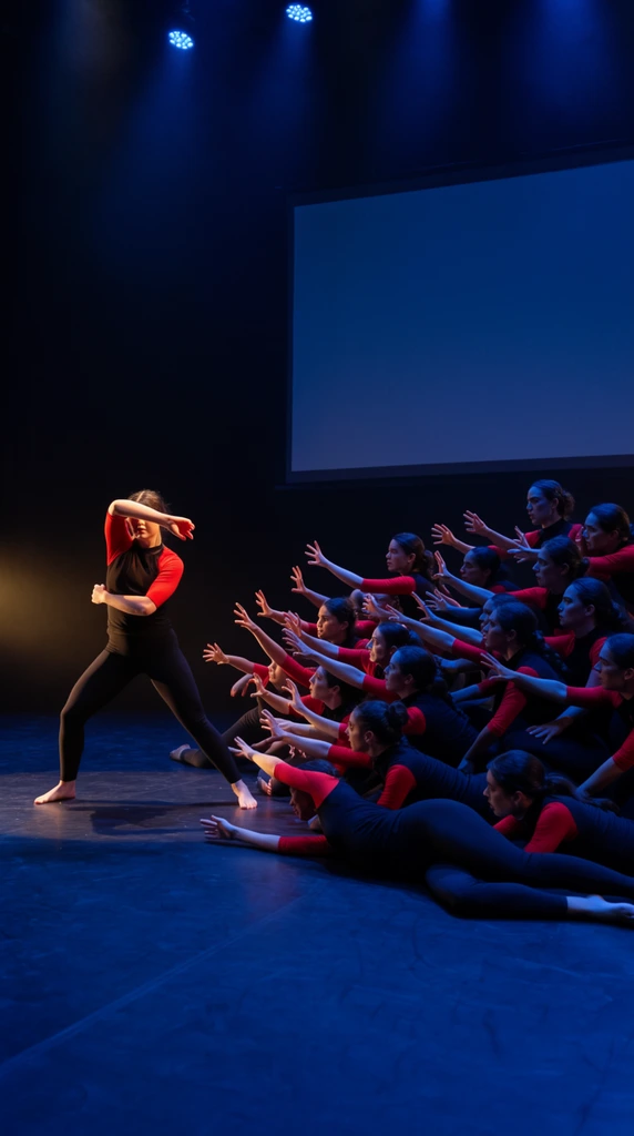 A dramatic theatrical dance performance on a dark stage illuminated by deep blue overhead lights. A solitary barefoot dancer stands on the left in a wide, powerful stance with one arm raised across her face, wearing black leggings and a top with bright red sleeves under a warm spotlight. To the right, a dense cluster of over a dozen dancers in matching black and red athletic wear crouch, kneel, and lie on the smooth floor, all reaching their hands intensely toward the solo figure. A large blank rectangular screen hangs against the dark background. The striking contrast between the warm, isolated soloist and the cool-toned, unified reaching gesture of the ensemble creates high visual tension.