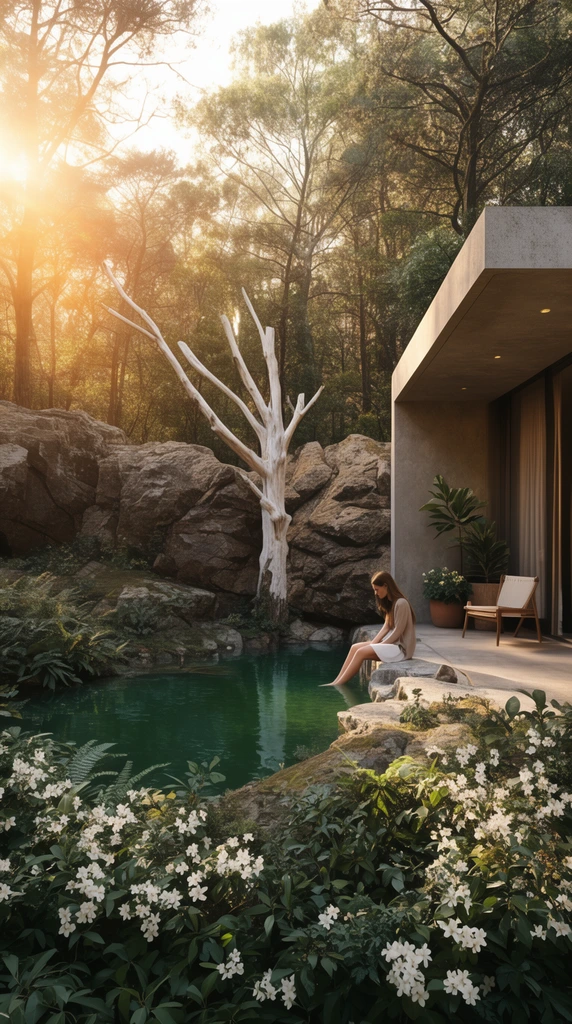 A tranquil forest oasis at golden hour. A woman sits on a rocky ledge, dipping her legs into a dark green pool. Beside her, a modern patio features a chair and potted plants. Lush foliage and white flowers fill the foreground, while a bare white tree trunk stands on rugged rocks behind the pool. Warm sunlight flares from the upper left in this photorealistic architectural visualization.