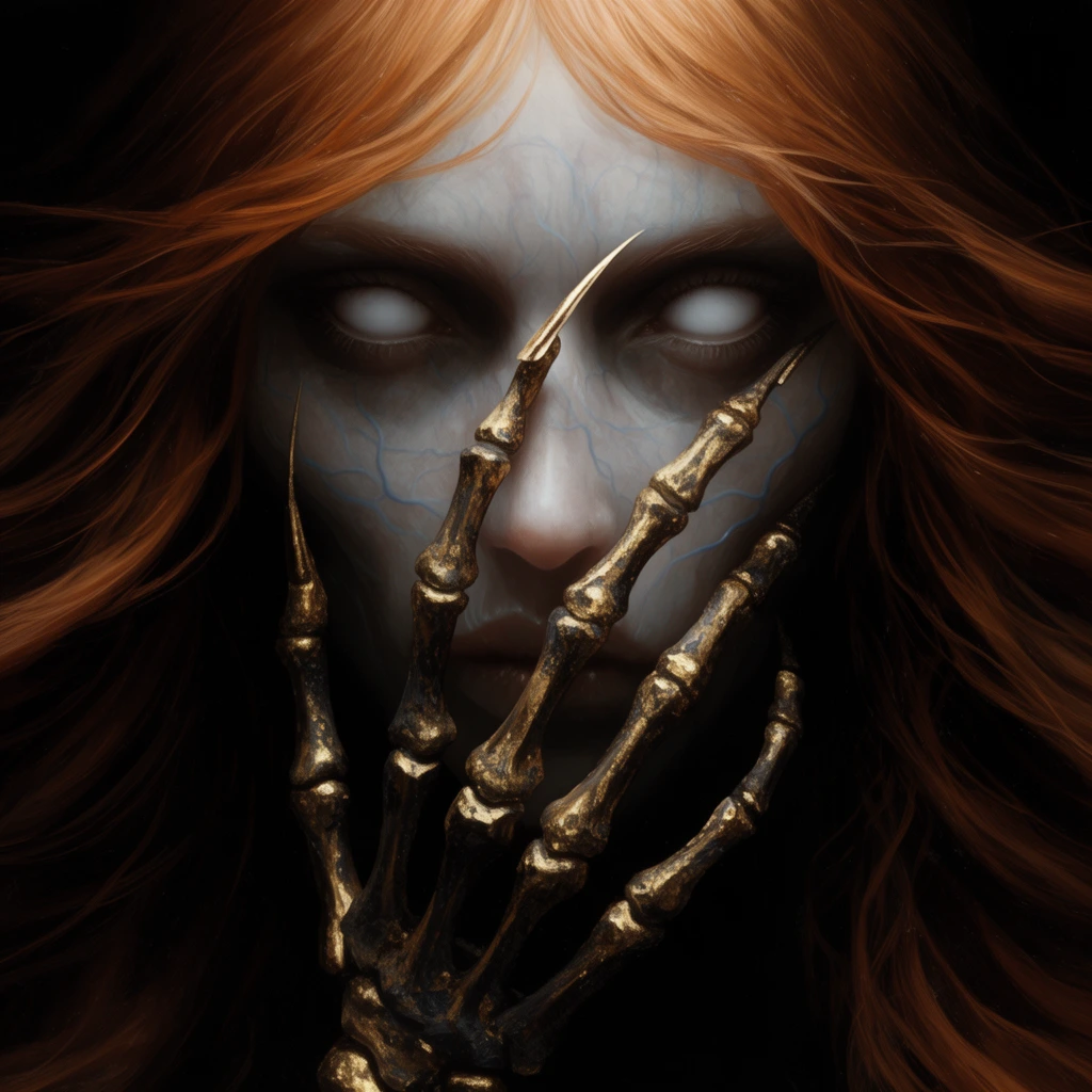 close-up portrait of a haunting woman with solid white eyes and flowing copper hair, faint blue veins beneath pale translucent skin, lower face covered by an elongated skeletal hand with tarnished gold texture and sharp claws, stark pitch-black background, dramatic chiaroscuro lighting, gothic horror, highly detailed dark fantasy painting