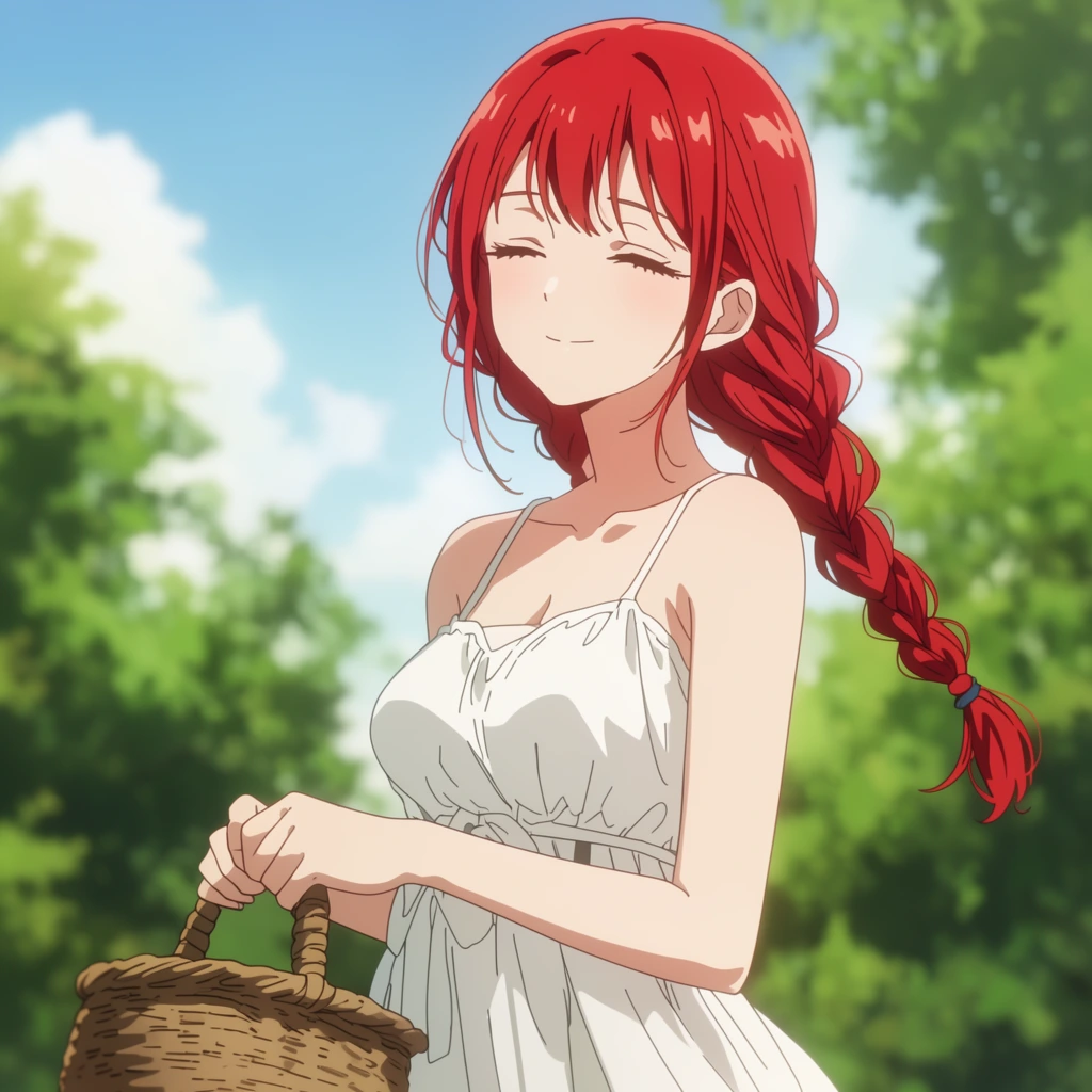 anime style young woman, long braided red hair, serene smile, white sundress, holding woven basket, bright outdoor daytime, blurred green trees
