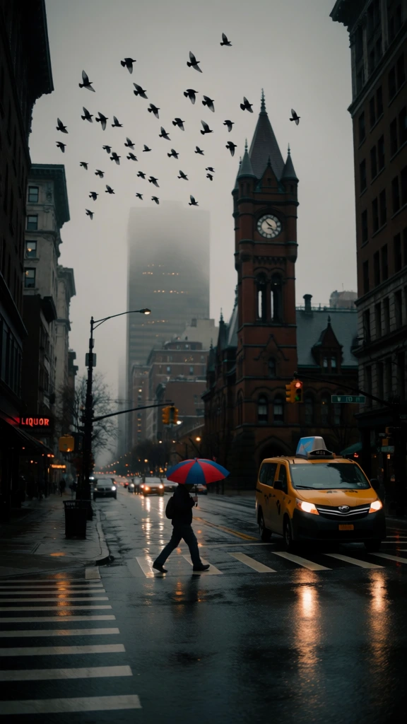 A lone pedestrian holding a vibrant red and blue umbrella crosses a rain-slicked city street while a large flock of dark birds takes flight against a hazy, overcast sky. The person walks from left to right across a white-striped crosswalk on wet asphalt that reflects the warm glow of headlights and streetlights. To their right, a yellow van-style taxi with its headlights illuminated sits at the intersection, with the text "5A14" visible on its rooftop display. In the mid-ground, a tall Victorian Gothic-style clock tower constructed from red brick stands prominently, featuring a conical roof and a circular clock face near its peak. The urban canyon is lined with multi-story buildings, and a distant, rectangular skyscraper is partially obscured by dense fog in the background. Traffic lights, street signs including one that reads "W 10 ST", and the blurred lights of other vehicles extend into the hazy distance. A red neon sign with the word "LIQUOR" is visible on a building to the far left. The scene is captured from a street-level perspective with a vertical orientation, characterized by a moody, desaturated color palette dominated by grays and deep shadows, punctuated by the sharp yellow of the cab and the soft reflections on the damp ground. The lighting is low and diffused, indicative of twilight or a storm-heavy day.
