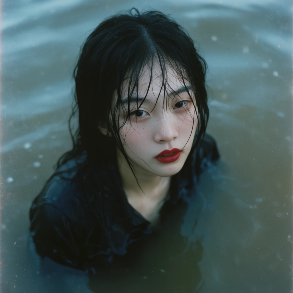 young Asian woman partially submerged in murky water, wet dark hair clinging to pale face, red lips, soaked black shirt, high angle cinematic portrait, soft cool lighting, film dust