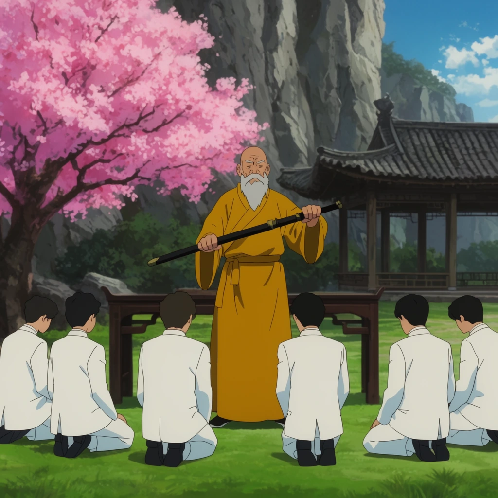 2D animation, elderly martial arts master in a golden-yellow robe holding a black scabbard horizontally, six students in crisp white suits kneeling on green grass with backs to the camera, large blooming pink cherry blossom tree, traditional wooden pavilion, dark wooden table, towering grey stone cliffs under a blue sky, bright daytime lighting, cinematic wide shot, clean linework, flat shading