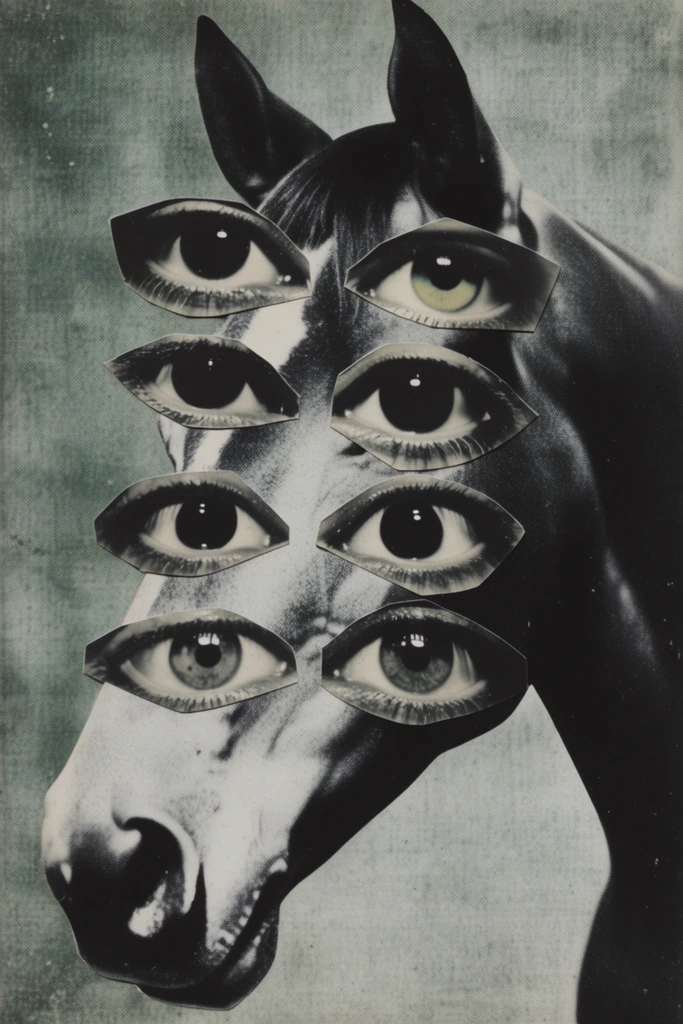 Analog Surrealist Collage style AI image example 3