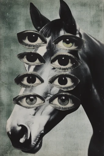 Analog Surrealist Collage style reference image — analog halftone texture