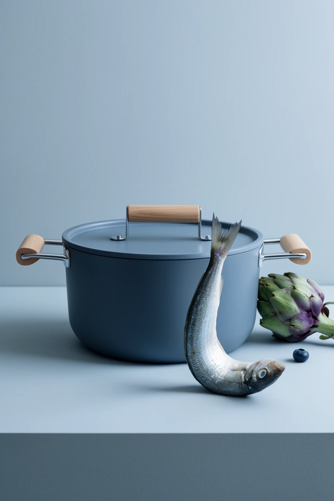 A minimalist still life photograph featuring a matte slate-blue cooking pot with a flat lid and light natural wood handles joined by polished silver metal. In the right foreground sits an unusual arrangement of raw ingredients featuring a whole silvery fish balancing vertically on its tail in a curved C-shape. Behind the fish rests a green and purple artichoke alongside a single dark blueberry. The scene is staged in a monochromatic pale blue-grey environment with a seamless background and matching flat surface, ending in a crisp horizontal foreground edge. Soft, diffused, cool studio lighting casts gentle shadows to the left, emphasizing the smooth cookware and contrasting organic textures. The composition is shot straight-on at eye level with crisp focus.