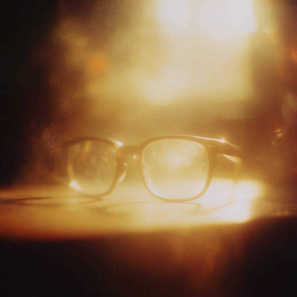 A pair of glasses rests upon a flat surface, bathed in an intense, hazy golden backlight that defines a heavily diffused, vintage analog film aesthetic. The spectacles sit stationary on the smooth plane, surrounded by thick atmospheric haze that heavily scatters the bright, glowing illumination emanating from behind. Extreme shallow depth of field isolates the glasses, rendering the background and extreme foreground into a soft, dreamlike blur of rich amber, deep brown, and warm sepia tones. Pronounced optical blooming, radiant lens flares, and severe halation spill across the frame, washing out the upper portions of the composition in a bright, glowing mist. The imagery features the distinct, soft-focus characteristics of aged optical lenses, complete with subtle film grain, a heavy warm vignette, and cinematic, luminous bokeh framing the central subject.
