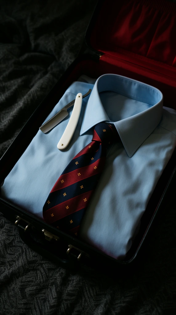 An open black suitcase with a deep red interior rests on dark gray patterned fabric. Inside, a neatly folded light blue dress shirt forms a crisp base beneath a dark navy and deep red diagonally striped necktie with tiny repeating gold motifs. Tucked partially under the upper left collar of the shirt is a straight razor featuring a solid white handle. Captured in a high-angle close-up, moody cinematic lighting and deep shadows emphasize the fabric folds and the rich, high-contrast color palette of the carefully arranged items.