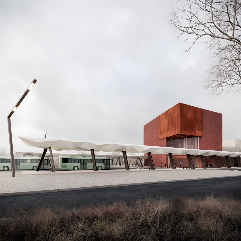 modern transit station architectural rendering, red brick and rust-colored cubic building, long white faceted canopy with angled dark metal pillars, pale green bus parked underneath, paved pedestrian plaza, angled street lamp, dry brush and dark asphalt foreground, bare tree branches, overcast sky, soft diffused lighting