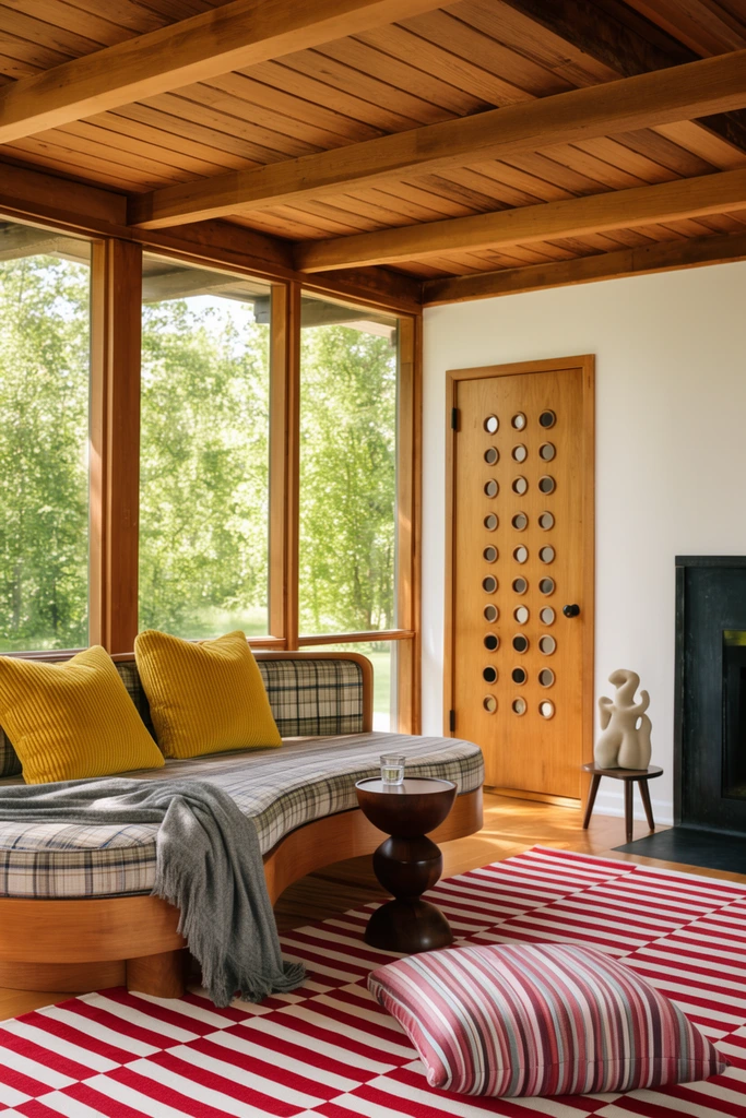 Mid-century modern sunroom interior, curved wooden daybed with plaid upholstery, mustard yellow ribbed pillows, grey throw blanket, red and white striped area rug, striped floor cushion, sculptural dark wood side table holding a glass of water, large windows framing bright green trees, white walls, exposed wood ceiling beams, wooden door with circular cutouts, abstract ceramic sculpture on small stool, dark fireplace, warm natural sunlight, architectural photography