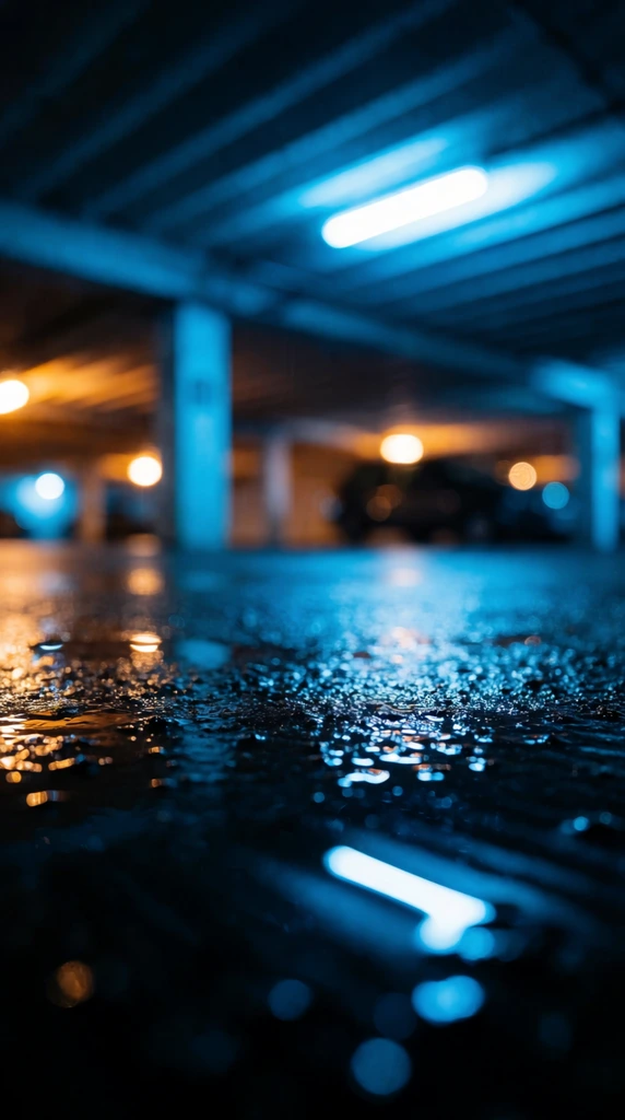 extreme low angle view of wet asphalt in a dark covered parking structure, sharp focus on the highly reflective dark pavement with scattered puddles, extremely shallow depth of field, intense background blur, cinematic neon blue overhead lighting illuminating concrete pillars and a slatted ceiling, warm amber distant lights creating glowing circular bokeh, soft blurred silhouette of a parked vehicle in the background, vivid cyan and warm orange color palette, moody atmospheric lighting, luminous reflections on the slick wet ground