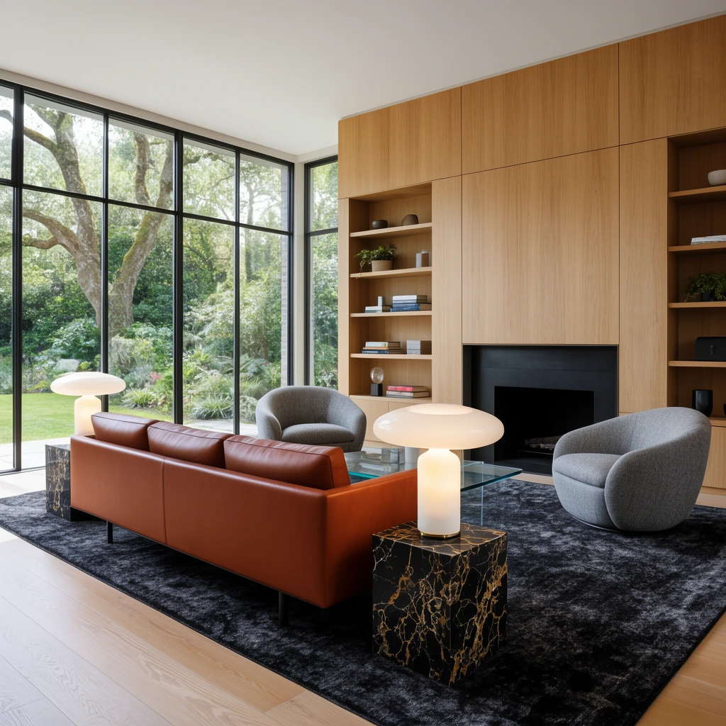A mid-century modern living room anchored by a sleek rust-brown leather sofa on a textured dark charcoal rug over light hardwood floors. Black-and-gold veined marble cube side tables hold glowing mushroom-shaped white glass lamps. Two rounded grey armchairs face a clear glass coffee table. The backdrop features expansive flat light wood paneling with built-in shelving flanking a dark fireplace surround. Floor-to-ceiling black-framed windows flood the space with natural light, revealing a lush outdoor garden with mature trees and foliage.