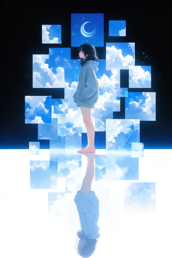 A surreal illustration of a barefoot girl in an oversized hoodie standing in profile against a dark background. Fragmented square panels surround her, revealing a bright blue sky with fluffy clouds and a starry crescent moon. A stark white reflective floor perfectly mirrors her figure and the glowing geometric portals, creating a dreamlike atmosphere.
