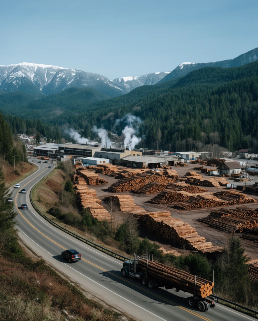 wide elevated view of an industrial lumber mill town nestled in a forested mountain valley, sprawling timber yard with massive stacks of cut logs, factory buildings emitting white smoke, winding two-lane highway in the foreground with a logging truck and scattered cars, dense evergreen pine forests covering rolling hills, distant snow-capped mountains, clear blue sky, cinematic landscape photography, deep depth of field, natural daylight