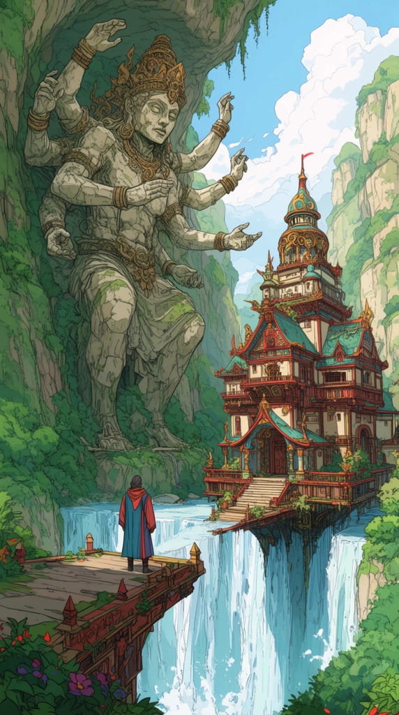 A colossal multi-armed stone statue carved into a lush cliff faces an ornate fantasy palace suspended on a bridge over waterfalls. A robed figure observes from the platform in this vibrant, line-art-style canyon landscape.